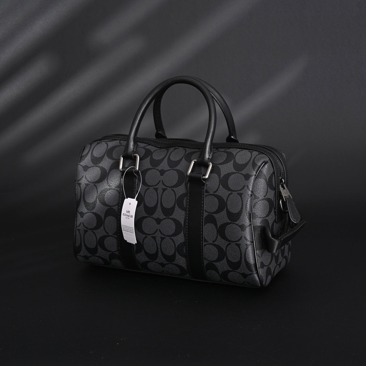 Coach Signature Duffel Bag – Black Monogram Canvas with Leather Trim